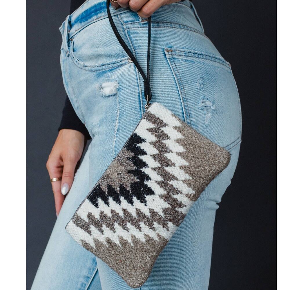 Taupe, Cream, Black Aztec Western Southwestern Woven Cotton Wristlet Clutch
